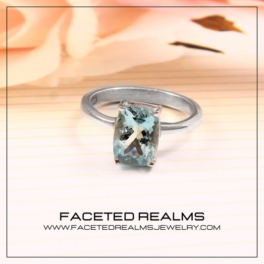 Natural Blue Aquamarine Cushion Gemstone Minimalistic Ring for Women