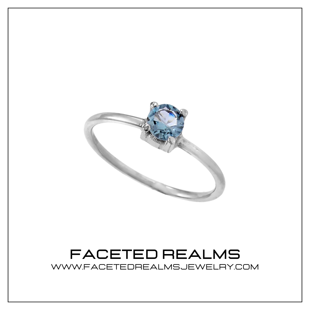 Natural Blue Aquamarine Round Brilliant Gem Minimalistic Women's Ring