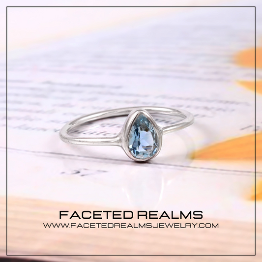 Natural Blue Aquamarine Pear Faceted Gem Minimalistic Women's Ring