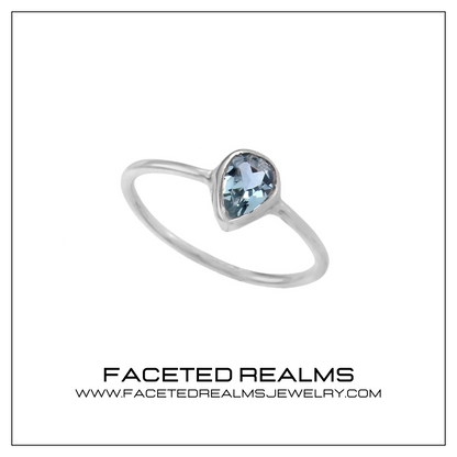 Natural Blue Aquamarine Pear Faceted Gem Minimalistic Women's Ring