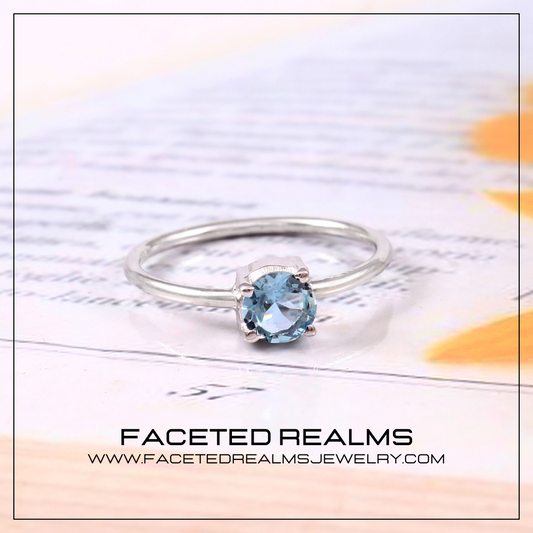 Natural Blue Aquamarine Round Brilliant Gems Minimalistic Women's Ring