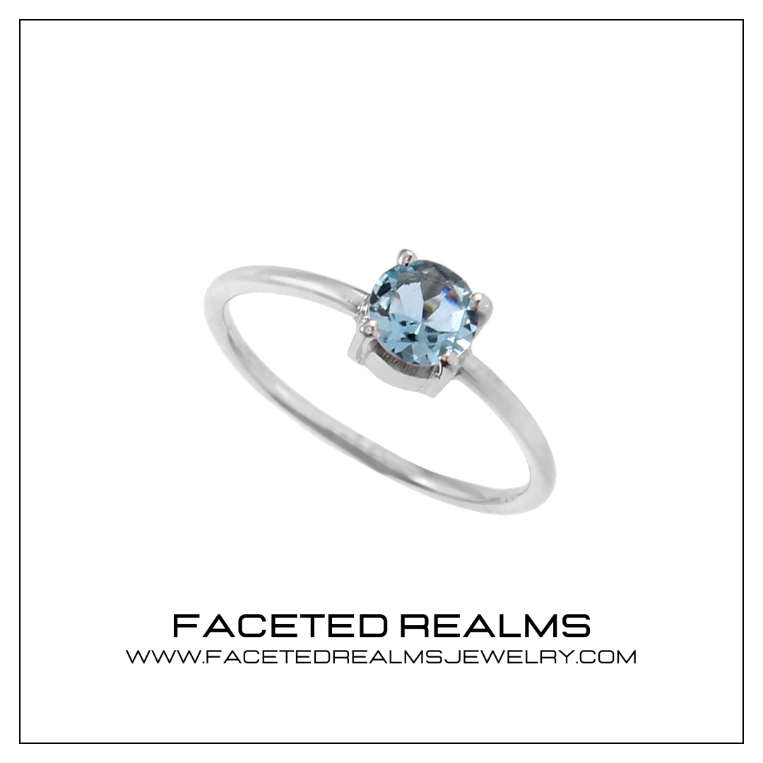 Natural Blue Aquamarine Round Brilliant Gems Minimalistic Women's Ring