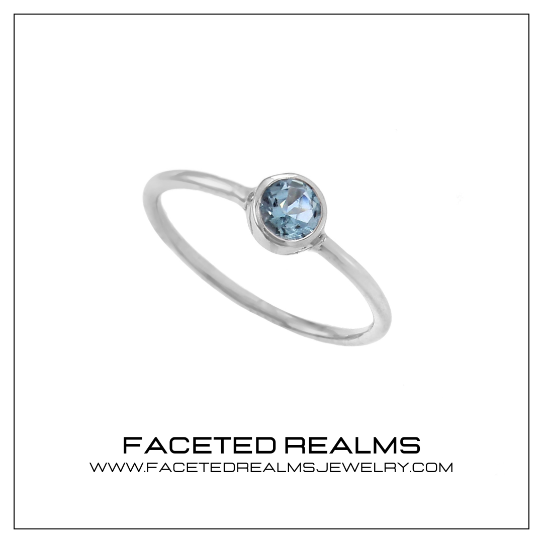 Natural Blue Aquamarine Round Brilliant Gems Minimalistic Women's Ring