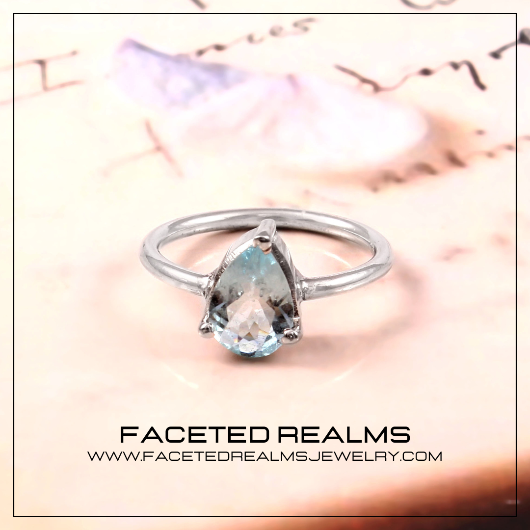 Natural Blue Aquamarine Pear Gemstone Minimalistic Ring for Women