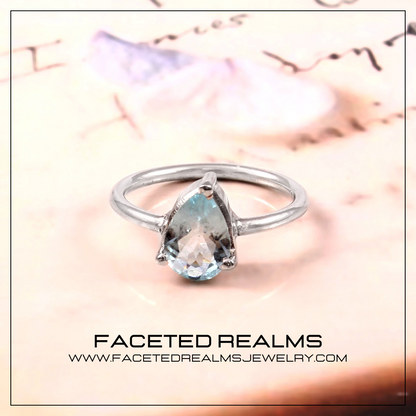 Natural Blue Aquamarine Pear Gemstone Minimalistic Ring for Women