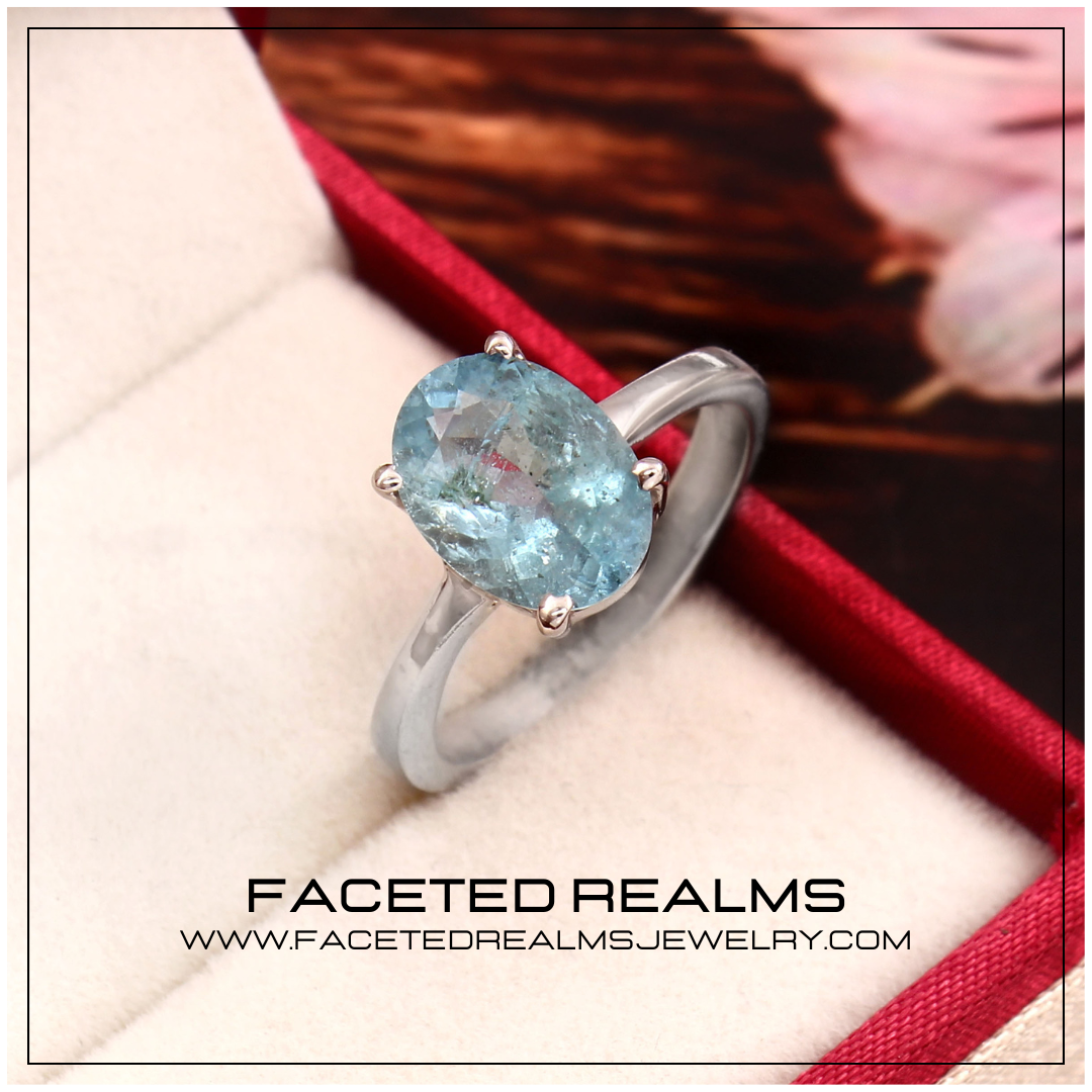 Natural Blue Included Aquamarine Gemstone Minimalistic Women's Ring