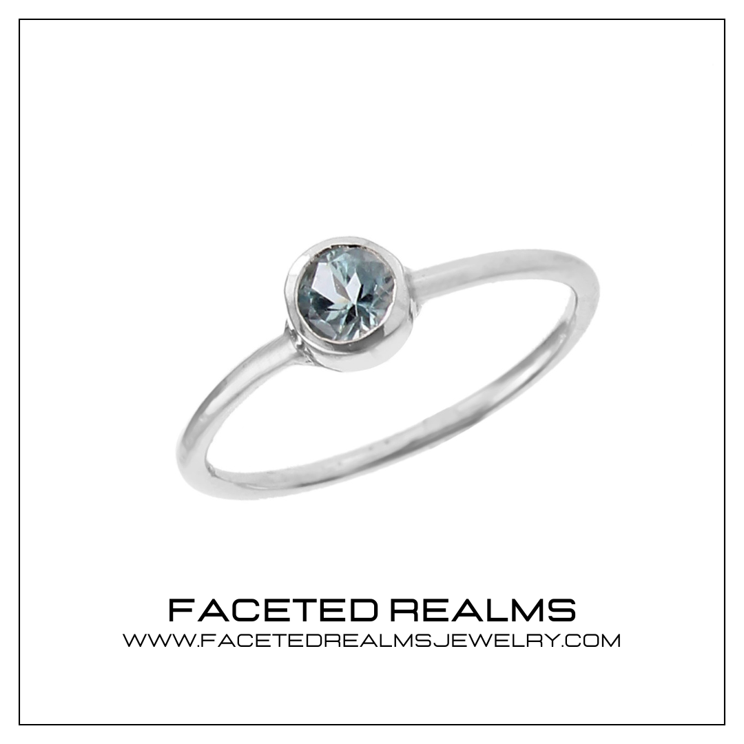 Natural Blue Aquamarine Round Brilliant Gem Minimalistic Women's Ring