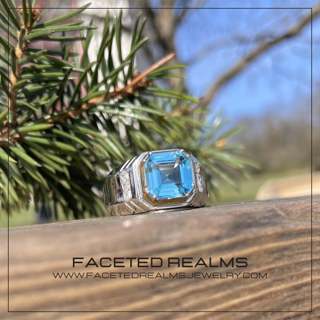 Men's Asscher Cut Swiss Blue Topaz Ring in 925 Sterling Silver, Elegant Formal Design Featuring a Vivid Blue Gemstone with Precision Cut and High-Polish Finish, Perfect for Special Occasions and Sophisticated Style.