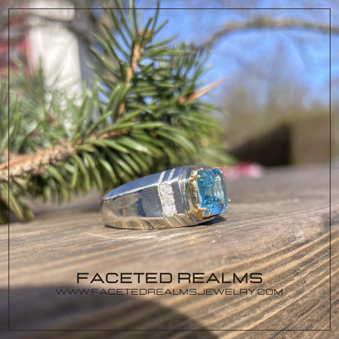 Men's Asscher Cut Swiss Blue Topaz Ring in 925 Sterling Silver, Elegant Formal Design Featuring a Vivid Blue Gemstone with Precision Cut and High-Polish Finish, Perfect for Special Occasions and Sophisticated Style.