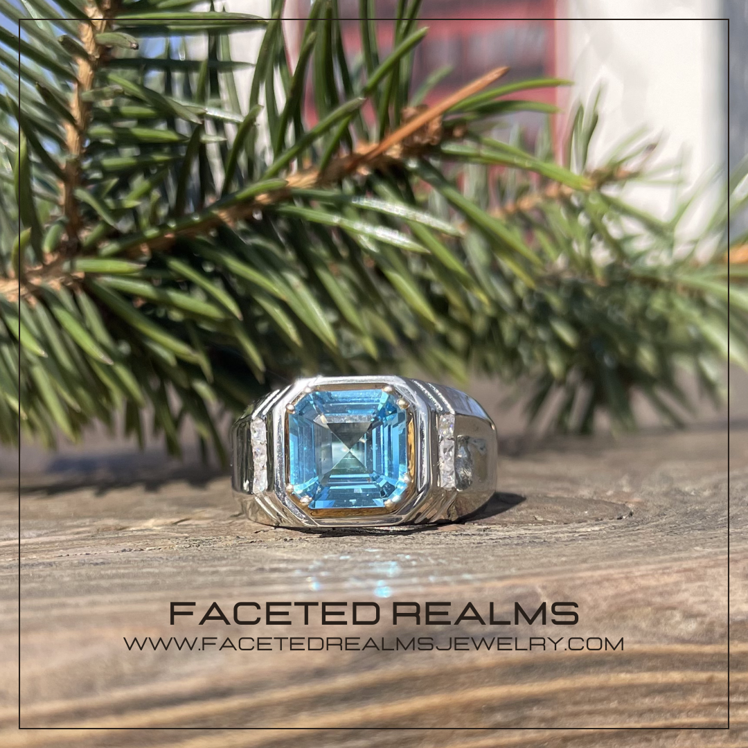 Men's Asscher Cut Swiss Blue Topaz Ring in 925 Sterling Silver, Elegant Formal Design Featuring a Vivid Blue Gemstone with Precision Cut and High-Polish Finish, Perfect for Special Occasions and Sophisticated Style.