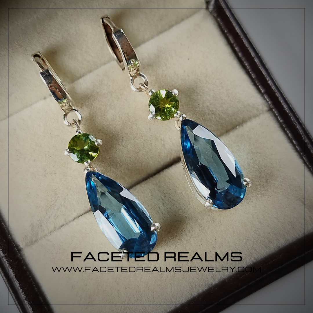 Dangling Teardrop Earrings in 925 Sterling Silver with Rhodium Plating, Featuring Precision Cut Pear-Shaped Swiss Blue Topaz and 5mm Dichroic Green Tourmaline Gems from Africa