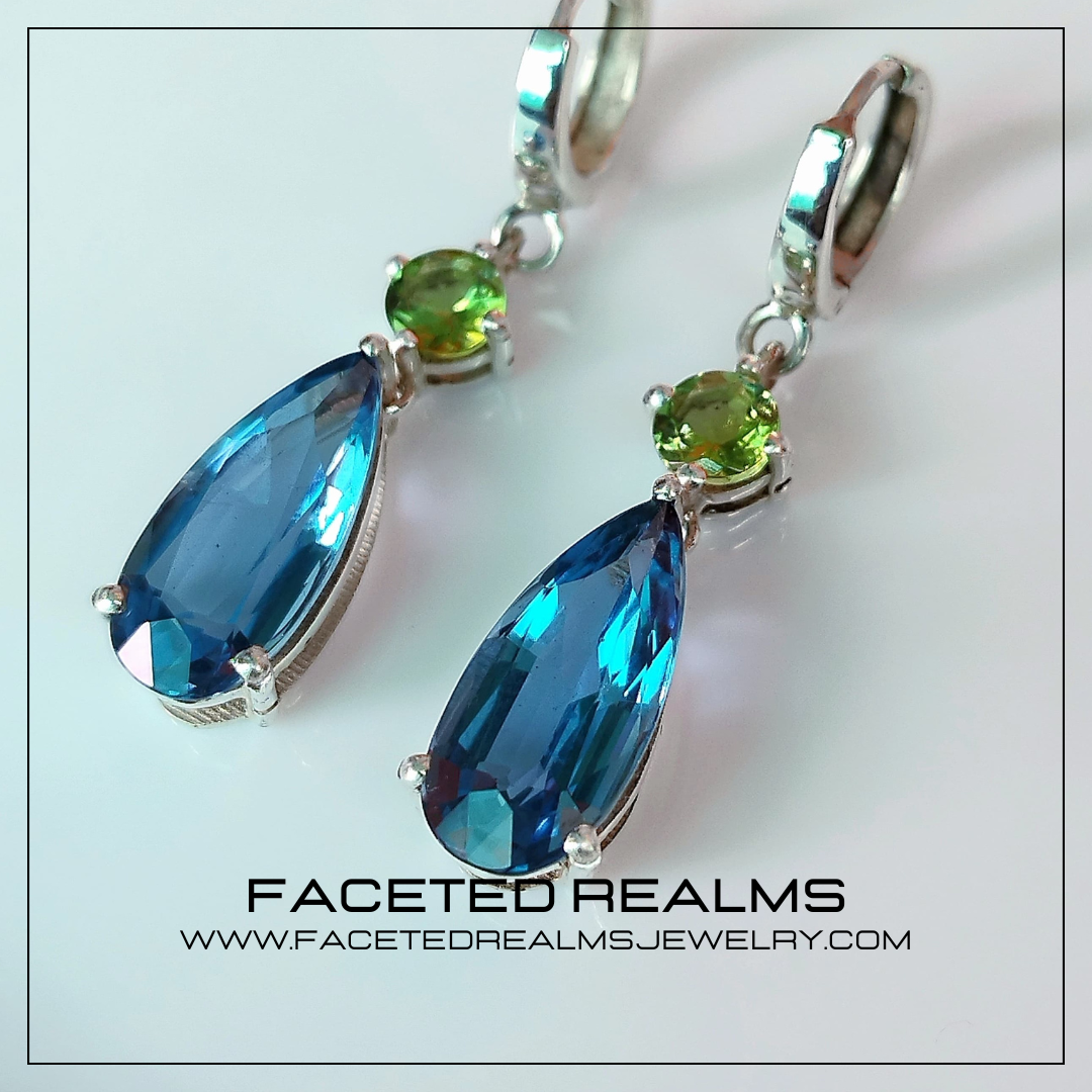 Dangling Teardrop Earrings in 925 Sterling Silver with Rhodium Plating, Featuring Precision Cut Pear-Shaped Swiss Blue Topaz and 5mm Dichroic Green Tourmaline Gems from Africa