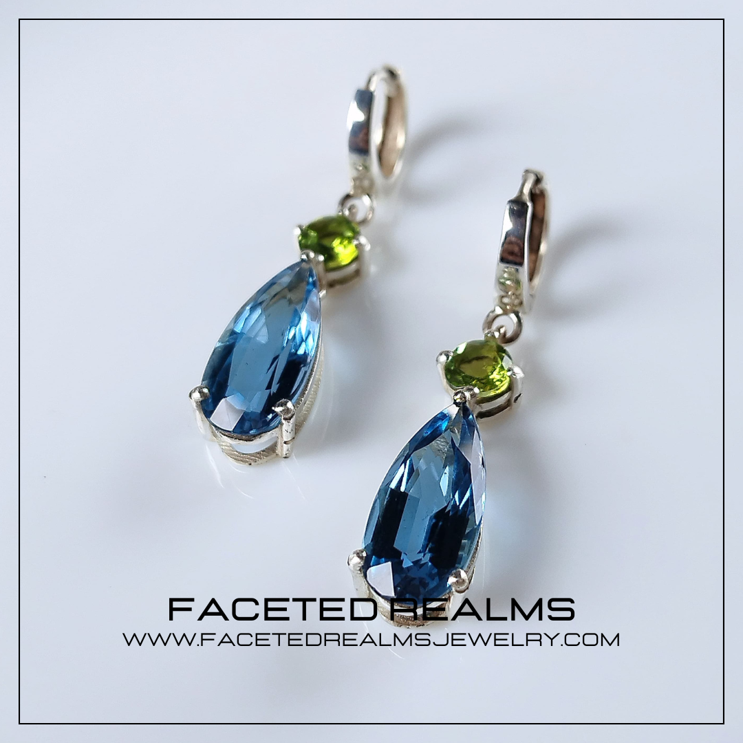 Dangling Teardrop Earrings in 925 Sterling Silver with Rhodium Plating, Featuring Precision Cut Pear-Shaped Swiss Blue Topaz and 5mm Dichroic Green Tourmaline Gems from Africa