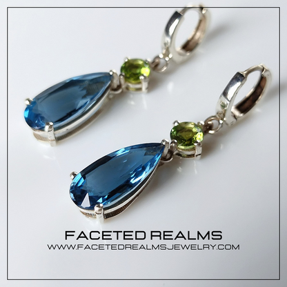 Dangling Teardrop Earrings in 925 Sterling Silver with Rhodium Plating, Featuring Precision Cut Pear-Shaped Swiss Blue Topaz and 5mm Dichroic Green Tourmaline Gems from Africa