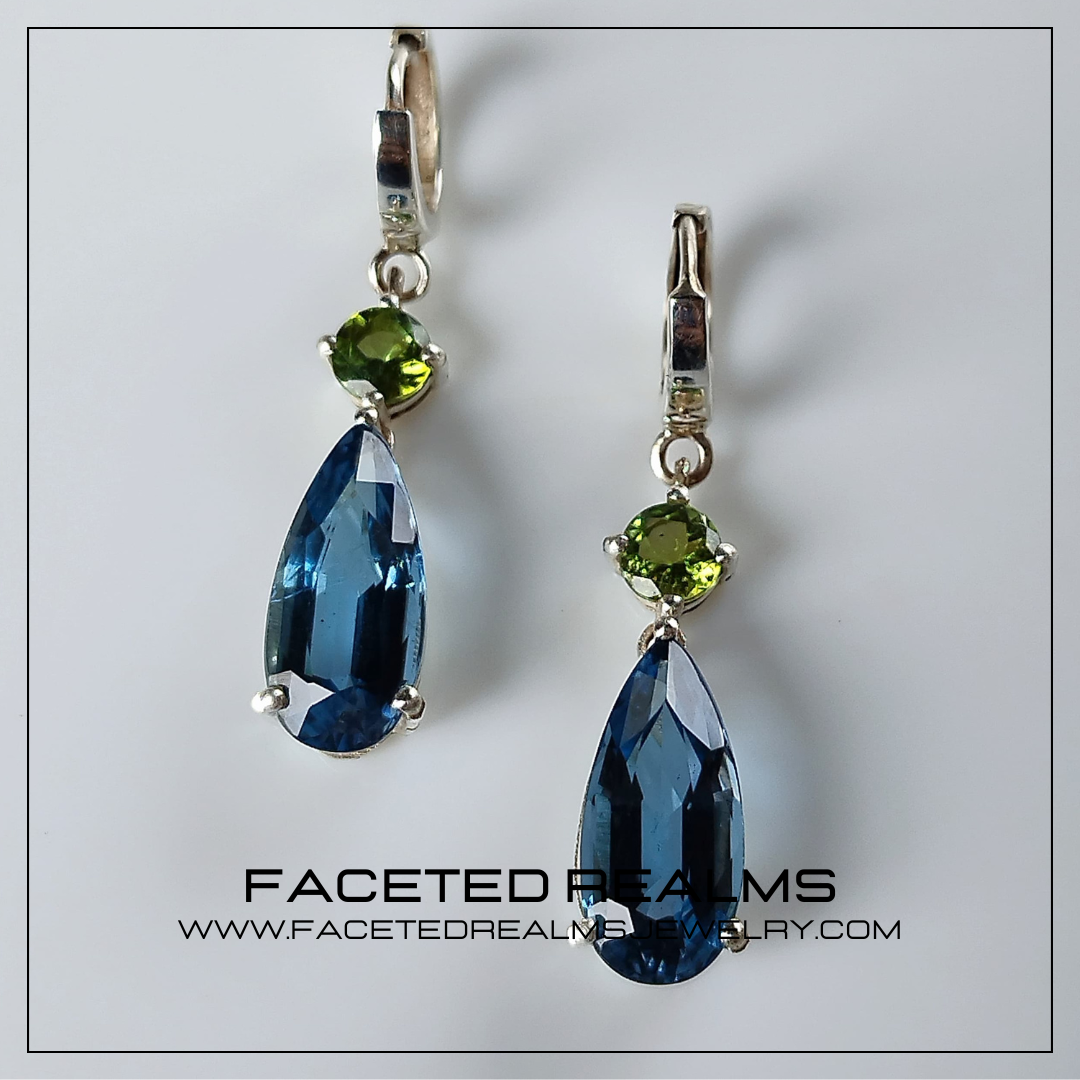 Dangling Teardrop Earrings in 925 Sterling Silver with Rhodium Plating, Featuring Precision Cut Pear-Shaped Swiss Blue Topaz and 5mm Dichroic Green Tourmaline Gems from Africa